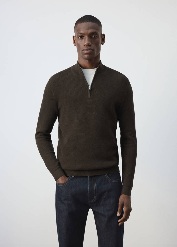 Fine-knit cotton-blend jersey with textured zip-up fastening — Brown