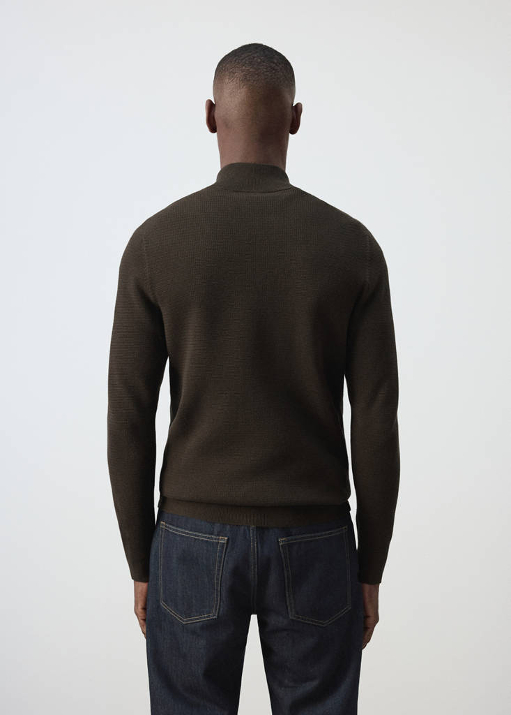 Fine-knit cotton-blend jersey with textured zip-up fastening — Brown
