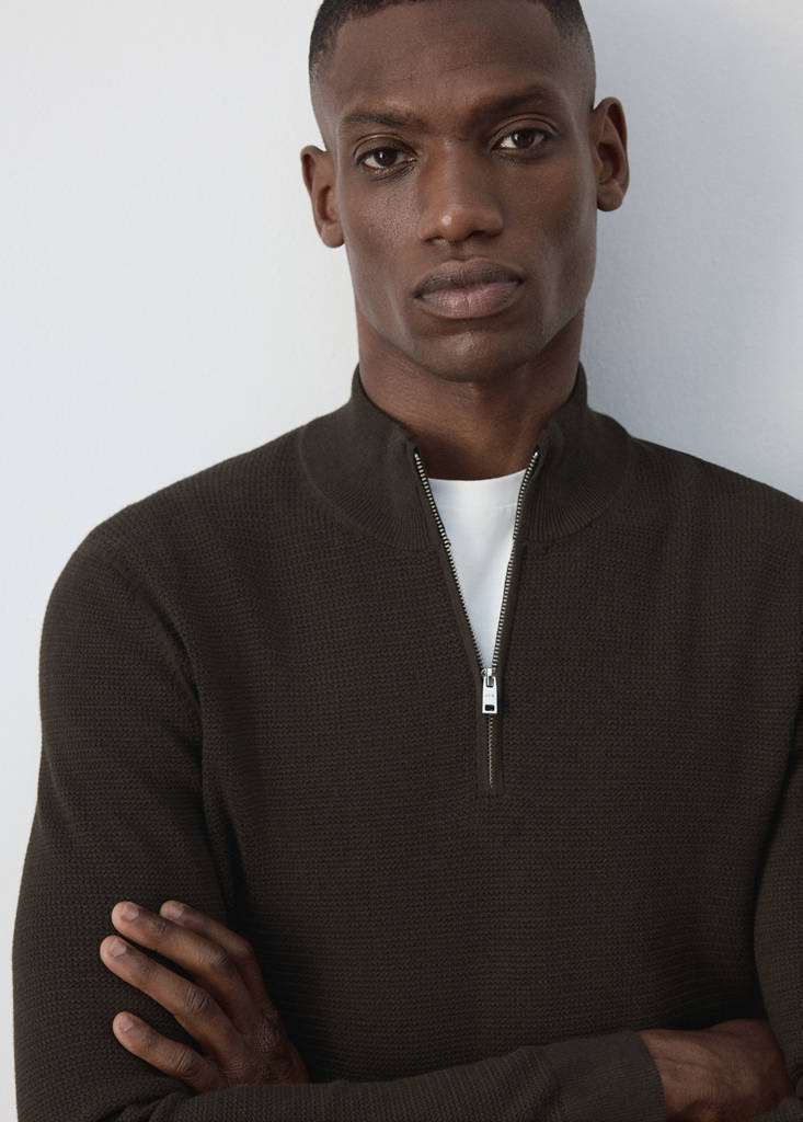Fine-knit cotton-blend jersey with textured zip-up fastening — Brown