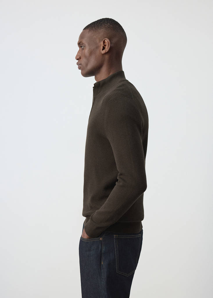 Fine-knit cotton-blend jersey with textured zip-up fastening — Brown