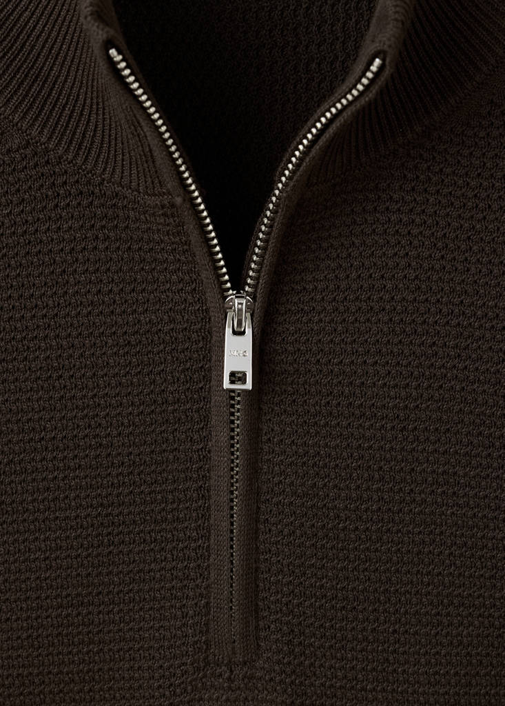 Fine-knit cotton-blend jersey with textured zip-up fastening — Brown
