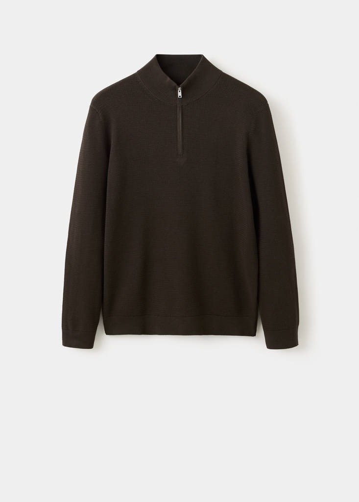 Fine-knit cotton-blend jersey with textured zip-up fastening — Brown