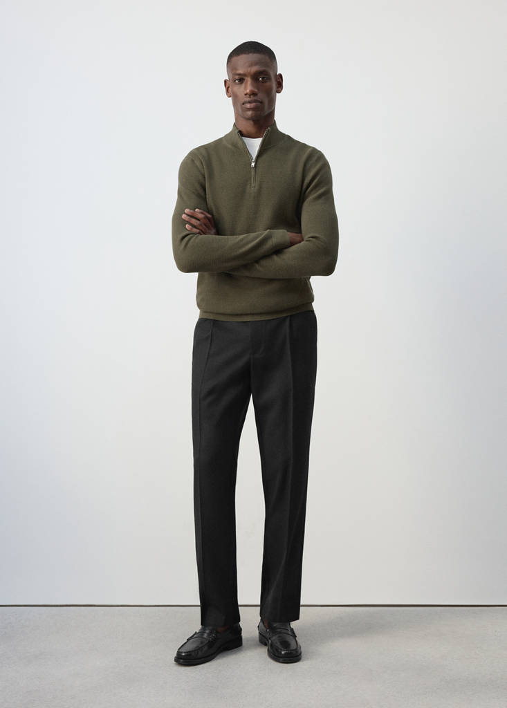 Fine-knit cotton-blend jersey with textured zip-up fastening — Olive Green