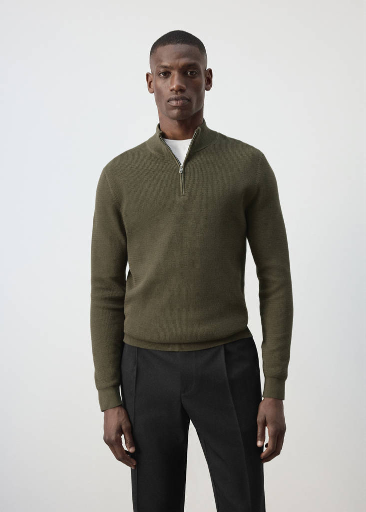 Fine-knit cotton-blend jersey with textured zip-up fastening — Olive Green