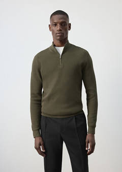 Fine-knit cotton-blend jersey with textured zip-up fastening — Olive Green 1