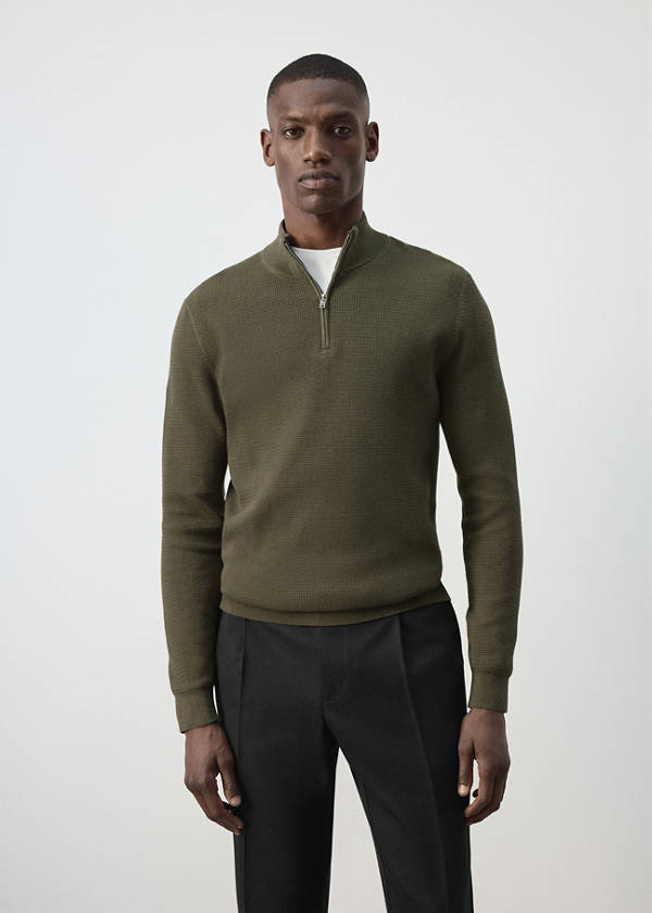 Fine-knit cotton-blend jersey with textured zip-up fastening — Olive Green