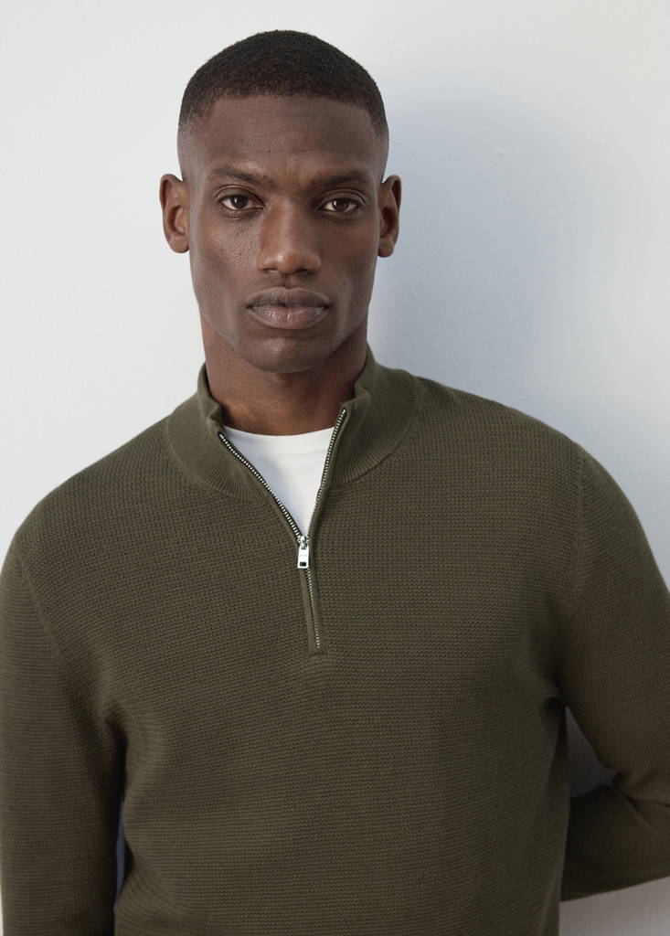 Fine-knit cotton-blend jersey with textured zip-up fastening — Olive Green