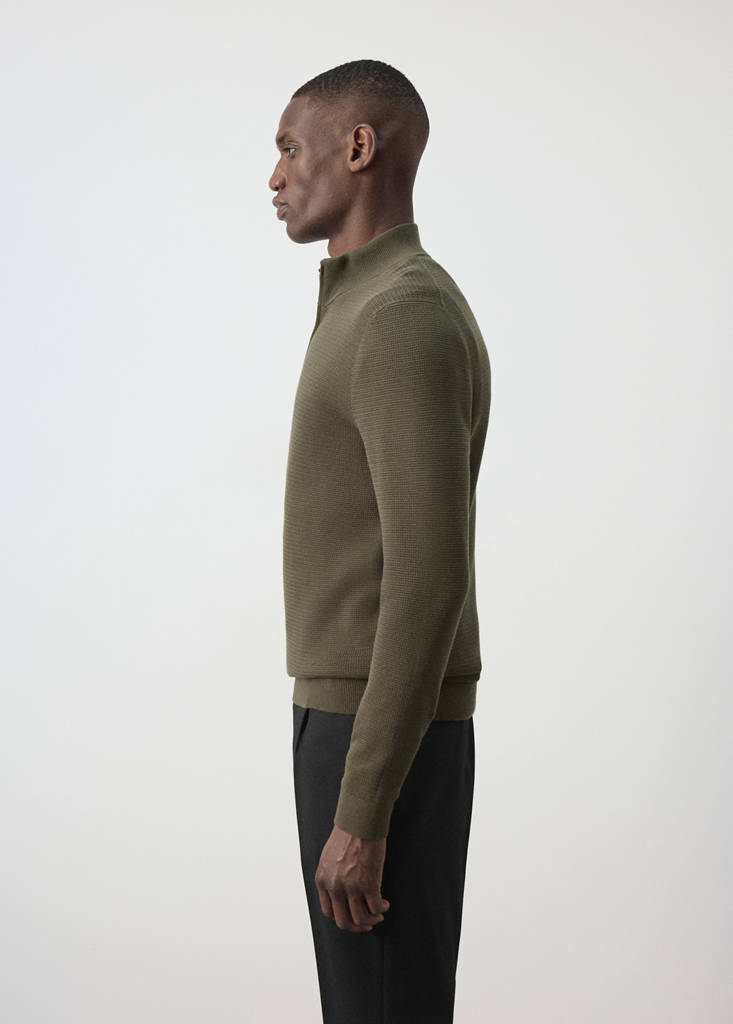 Fine-knit cotton-blend jersey with textured zip-up fastening — Olive Green