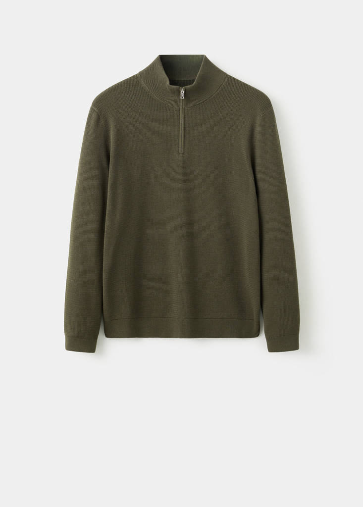 Fine-knit cotton-blend jersey with textured zip-up fastening — Olive Green