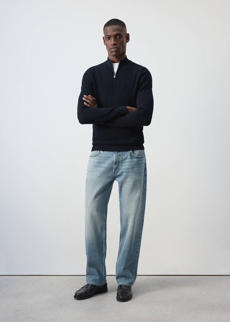 Fine-knit cotton-blend jersey with textured zip-up fastening — Navy