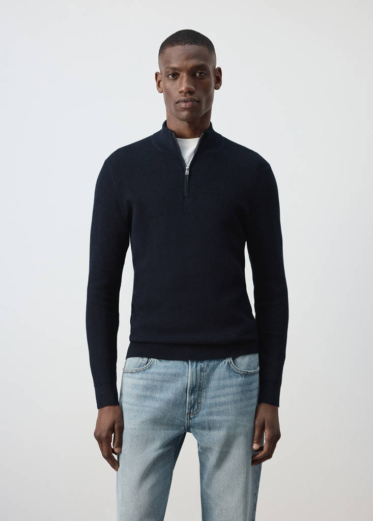 Fine-knit cotton-blend jersey with textured zip-up fastening — Navy