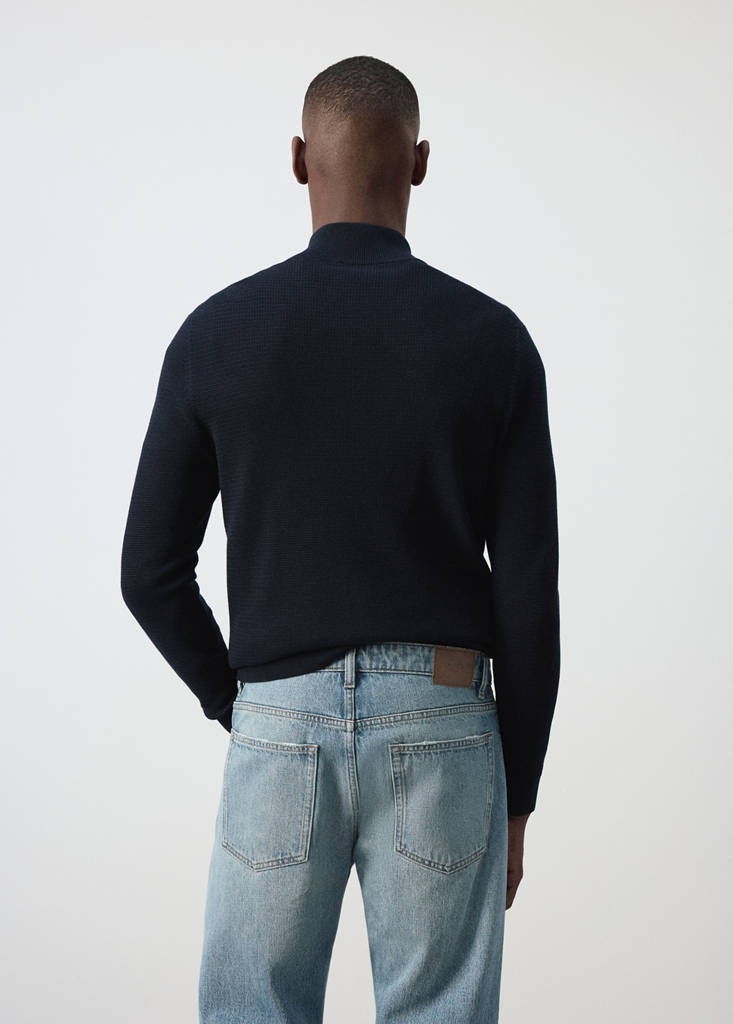 Fine-knit cotton-blend jersey with textured zip-up fastening — Navy