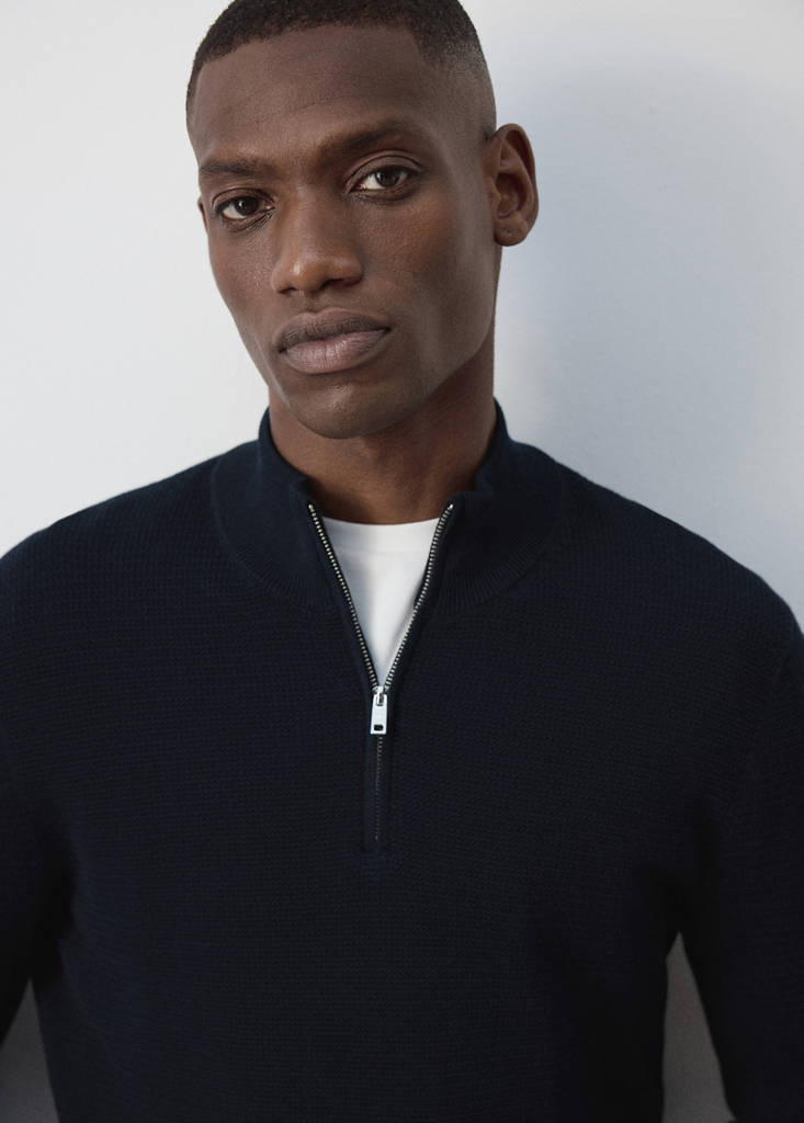 Fine-knit cotton-blend jersey with textured zip-up fastening — Navy