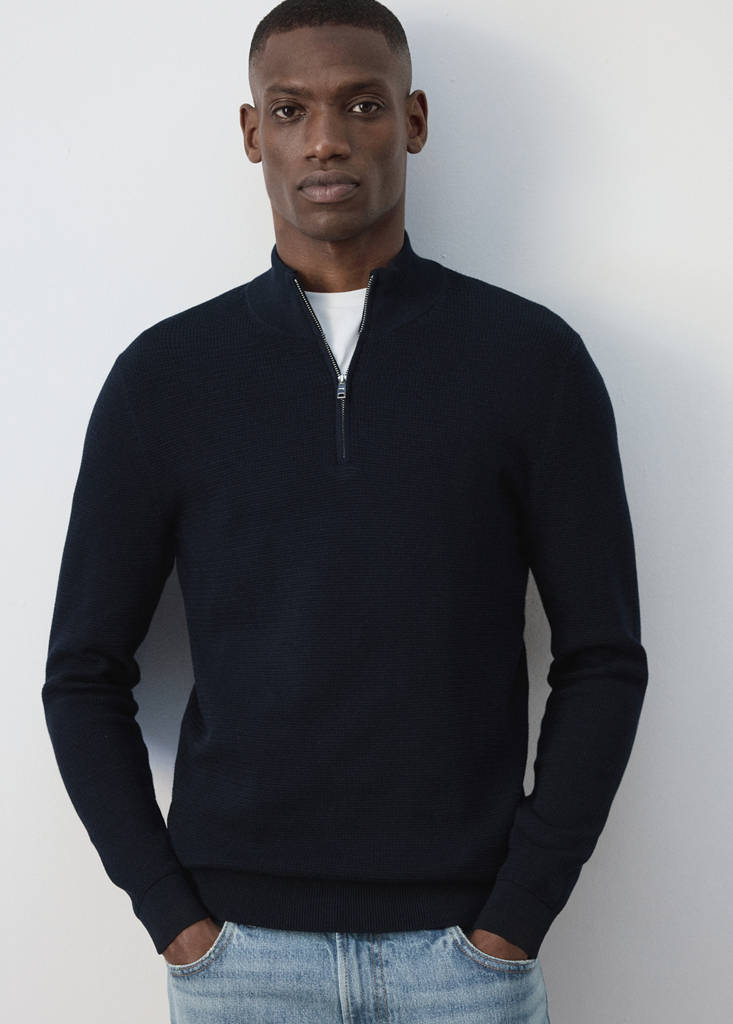 Fine-knit cotton-blend jersey with textured zip-up fastening — Navy