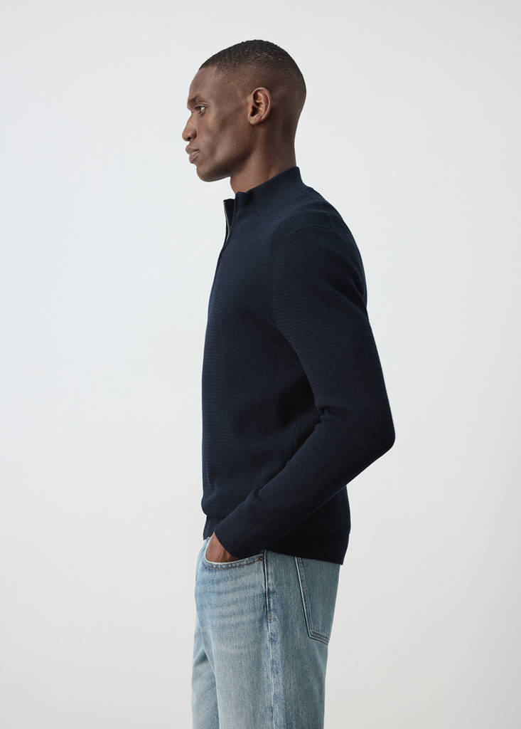 Fine-knit cotton-blend jersey with textured zip-up fastening — Navy