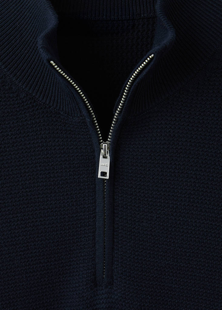 Fine-knit cotton-blend jersey with textured zip-up fastening — Navy