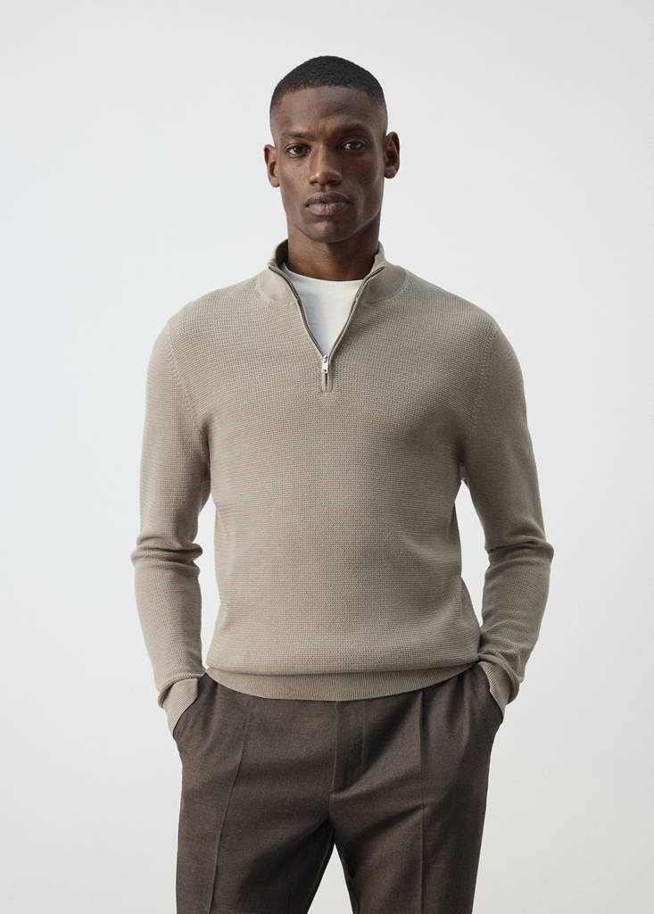 Fine-knit cotton-blend jersey with textured zip-up fastening — Mink Grey
