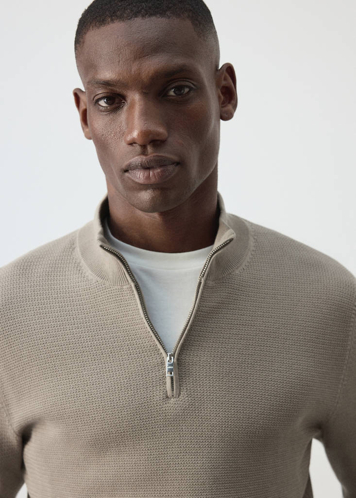 Fine-knit cotton-blend jersey with textured zip-up fastening — Mink Grey