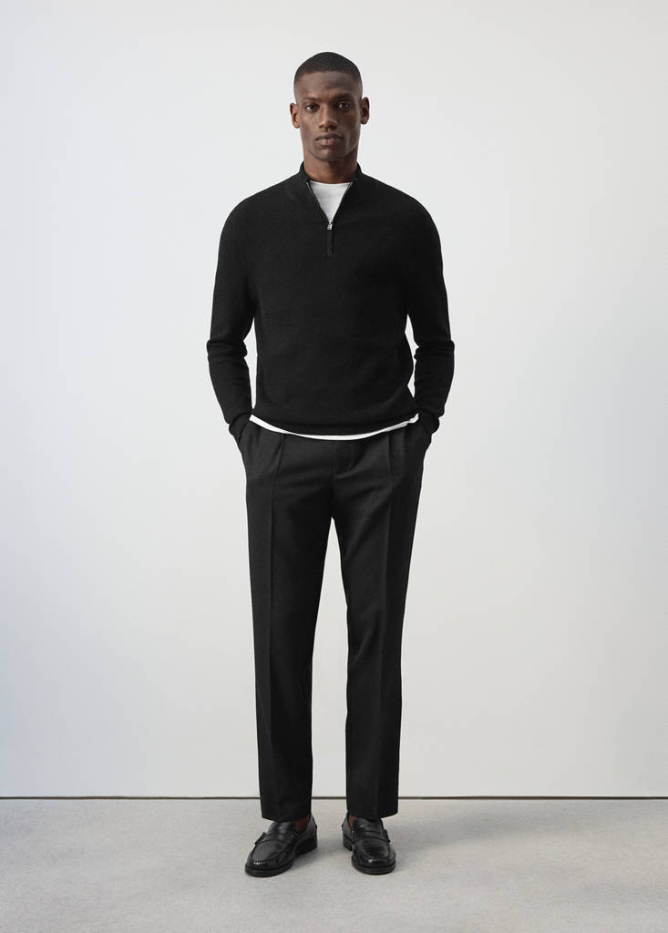 Fine-knit cotton-blend jersey with textured zip-up fastening — Black