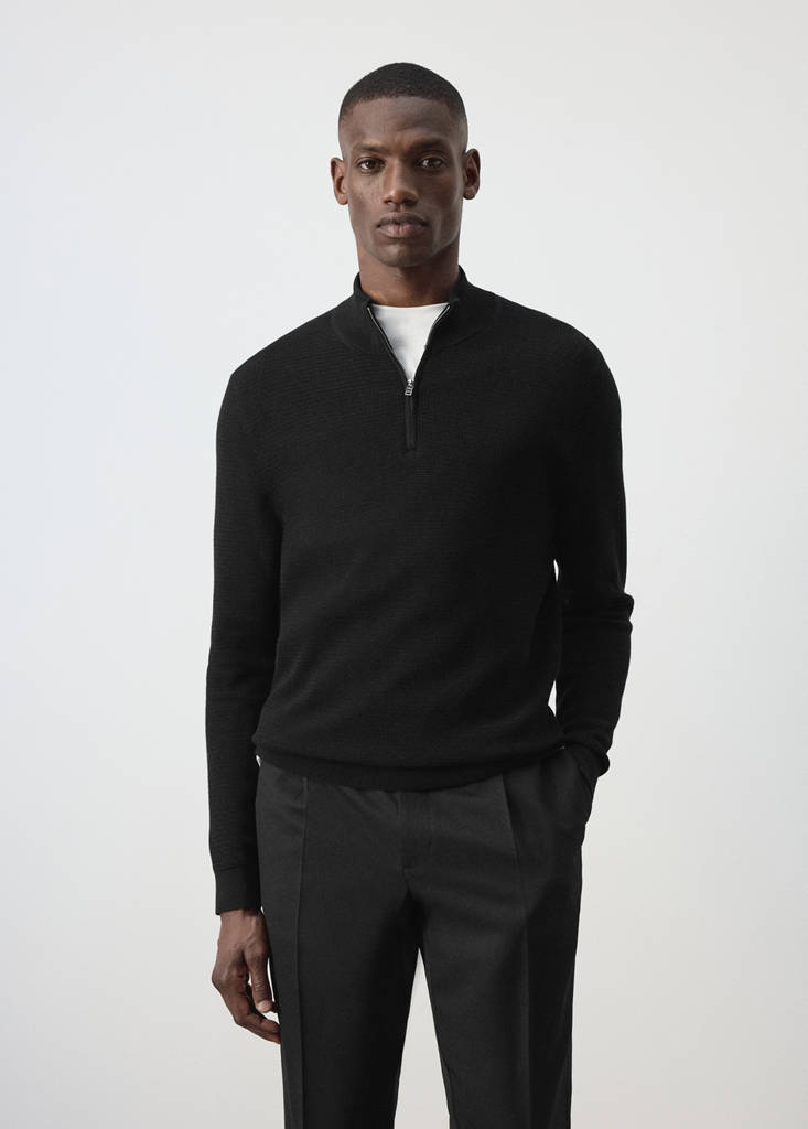 Fine-knit cotton-blend jersey with textured zip-up fastening — Black