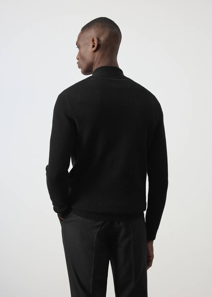 Fine-knit cotton-blend jersey with textured zip-up fastening — Black