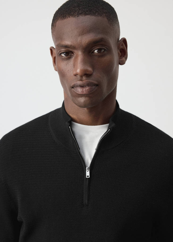 Fine-knit cotton-blend jersey with textured zip-up fastening — Black
