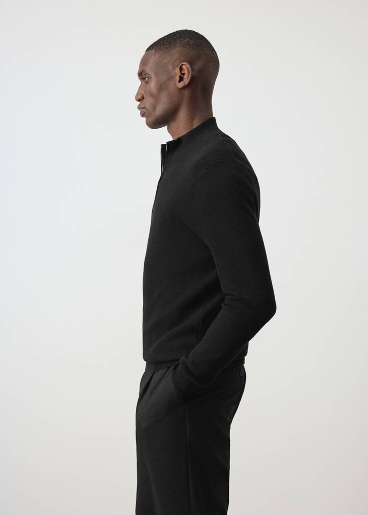 Fine-knit cotton-blend jersey with textured zip-up fastening — Black