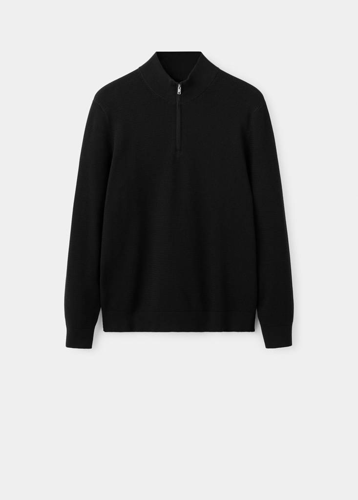Fine-knit cotton-blend jersey with textured zip-up fastening — Black