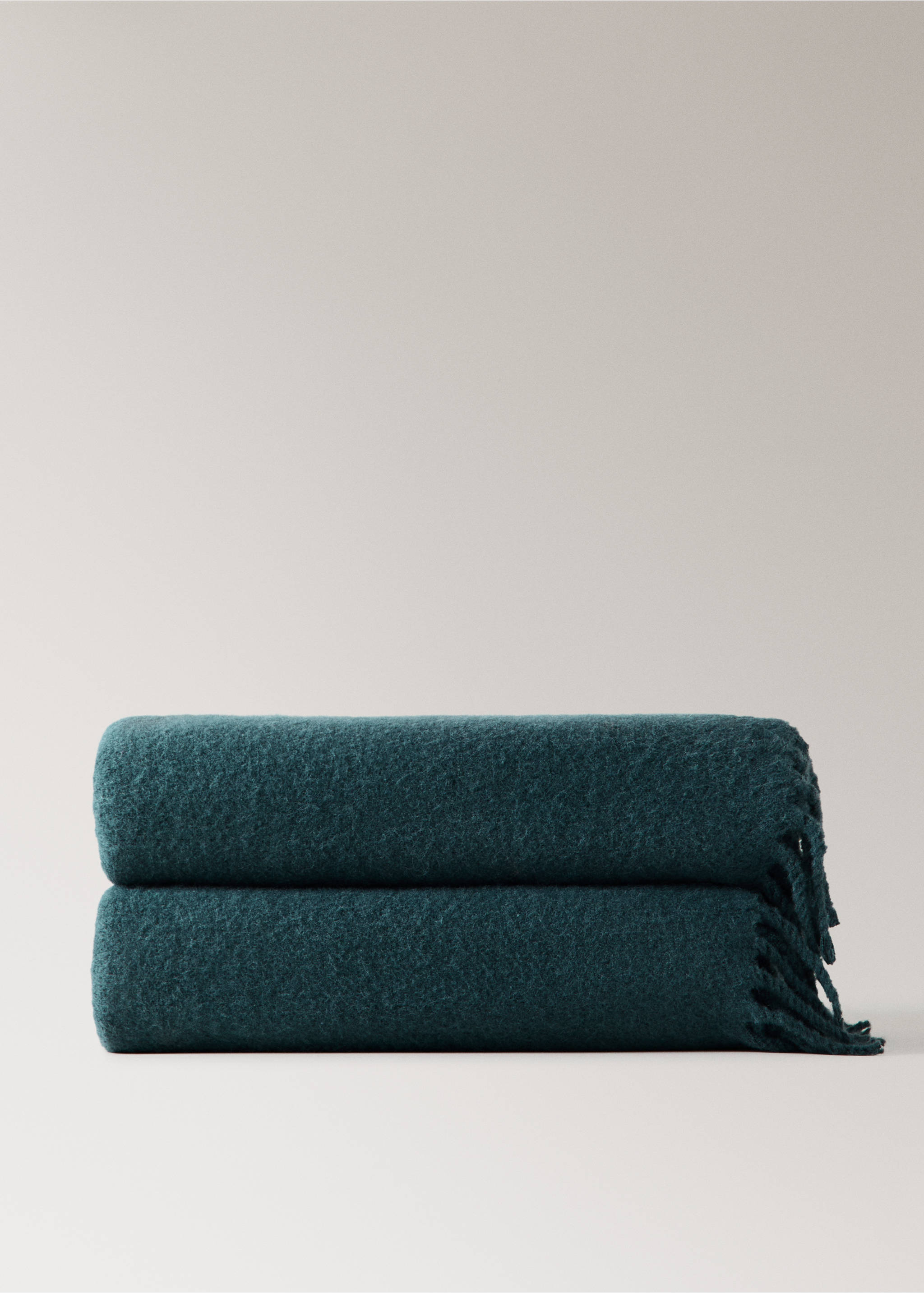 Carded wool blanket with fringed detail - Article without model, Petrol Blue. Ref: 37054782-00.