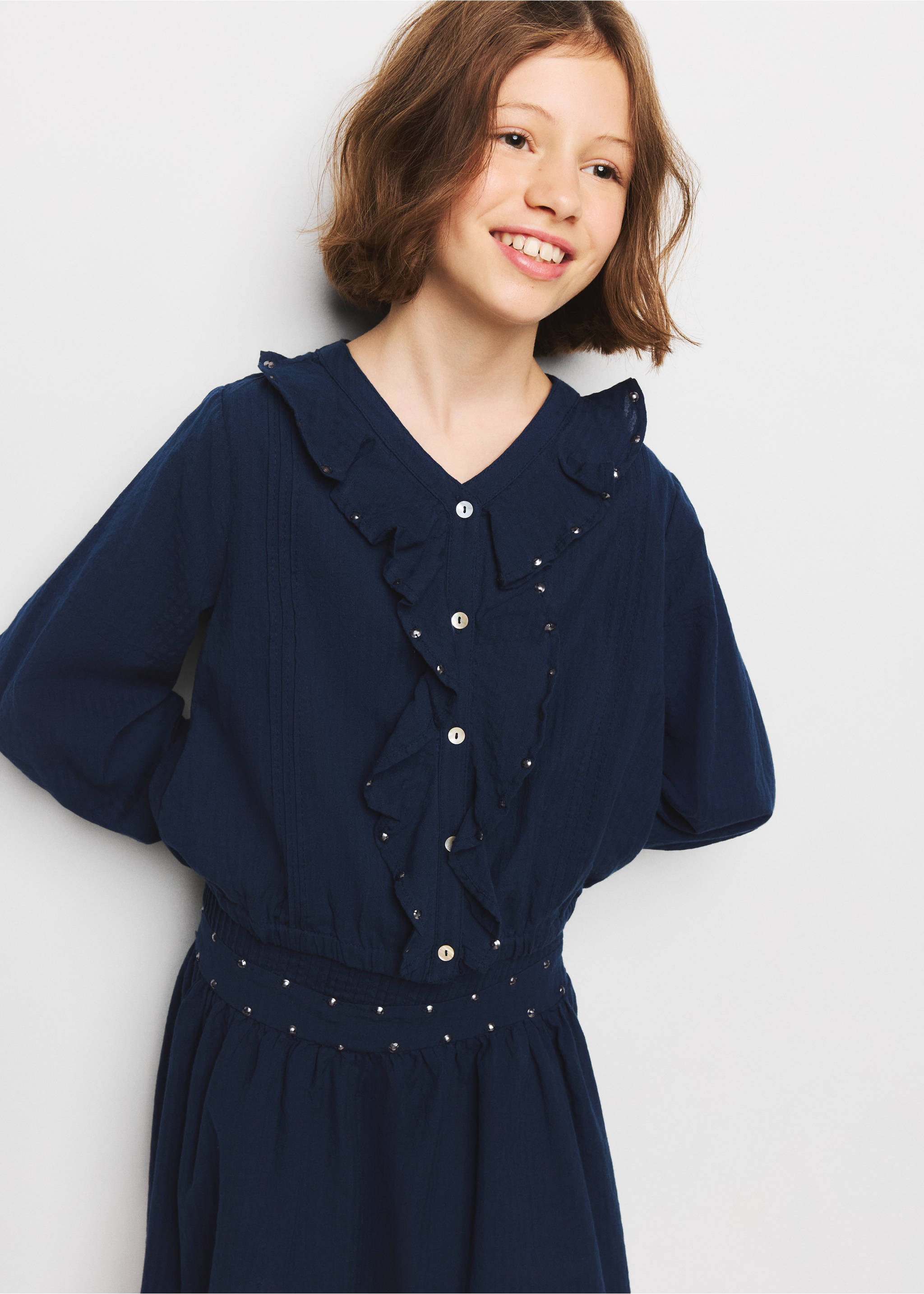 Blusa volantes detalle lentejuelas - Plano medio, Azul marino. Ref: 37054789-00.