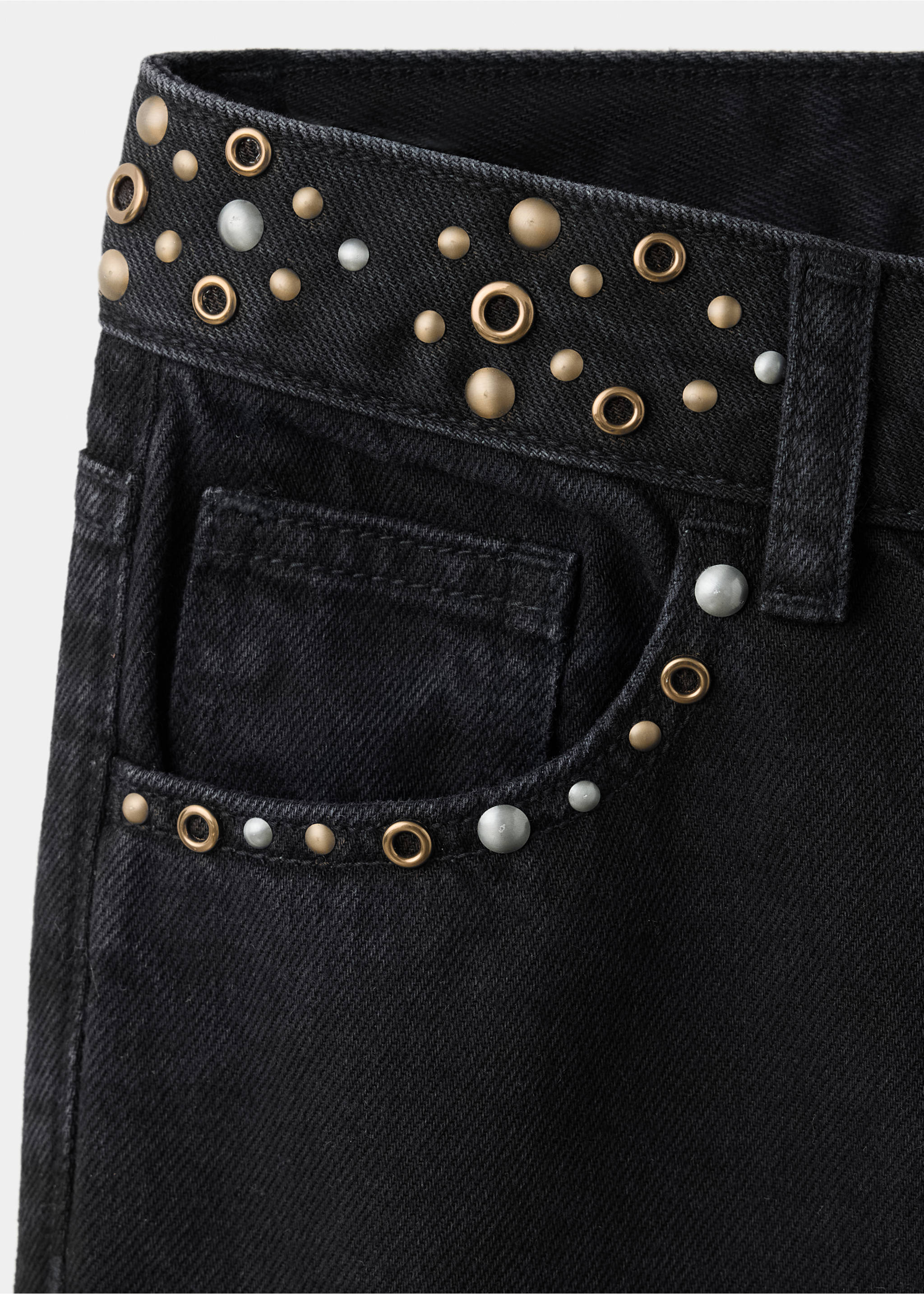 Low-rise jeans with eyelet detail at the waist - Details of the article 0, Black denim. Ref: 37054795-00.