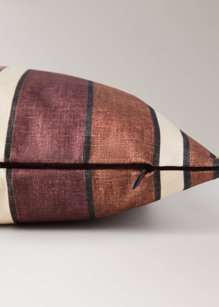 Printed striped cotton cushion cover with suede-effect piping 50x50 cm — Russet