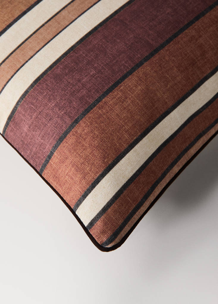 Printed striped cotton cushion cover with suede-effect piping 50x50 cm — Russet