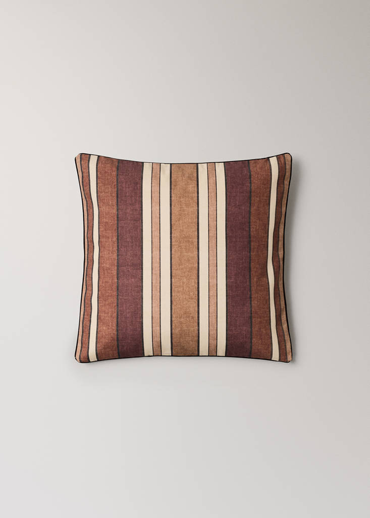 Printed striped cotton cushion cover with suede-effect piping 50x50 cm — Russet