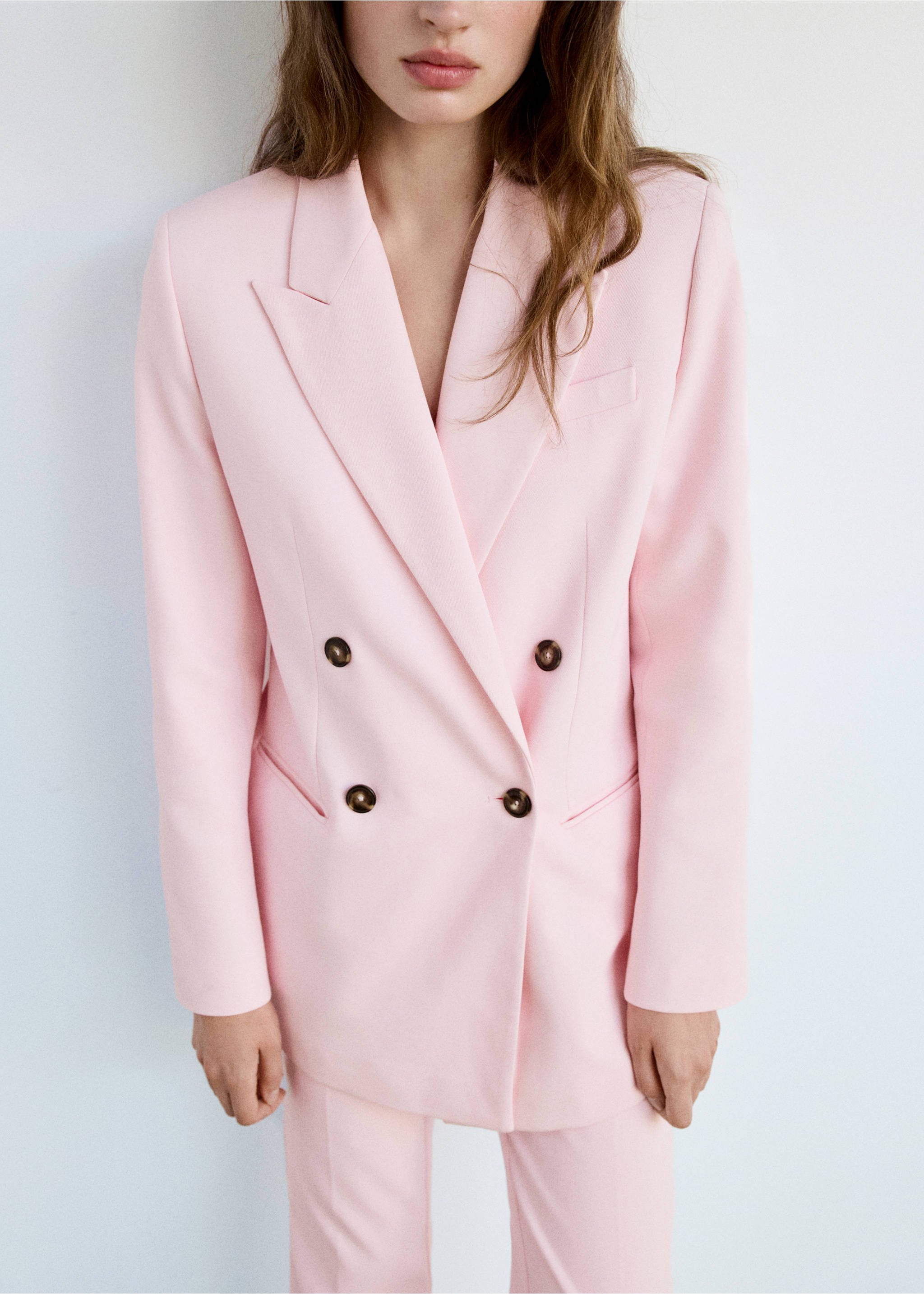 Double-breasted cotton blend suit blazer - Medium plane, Pastel Pink. Ref: 37054802-01.