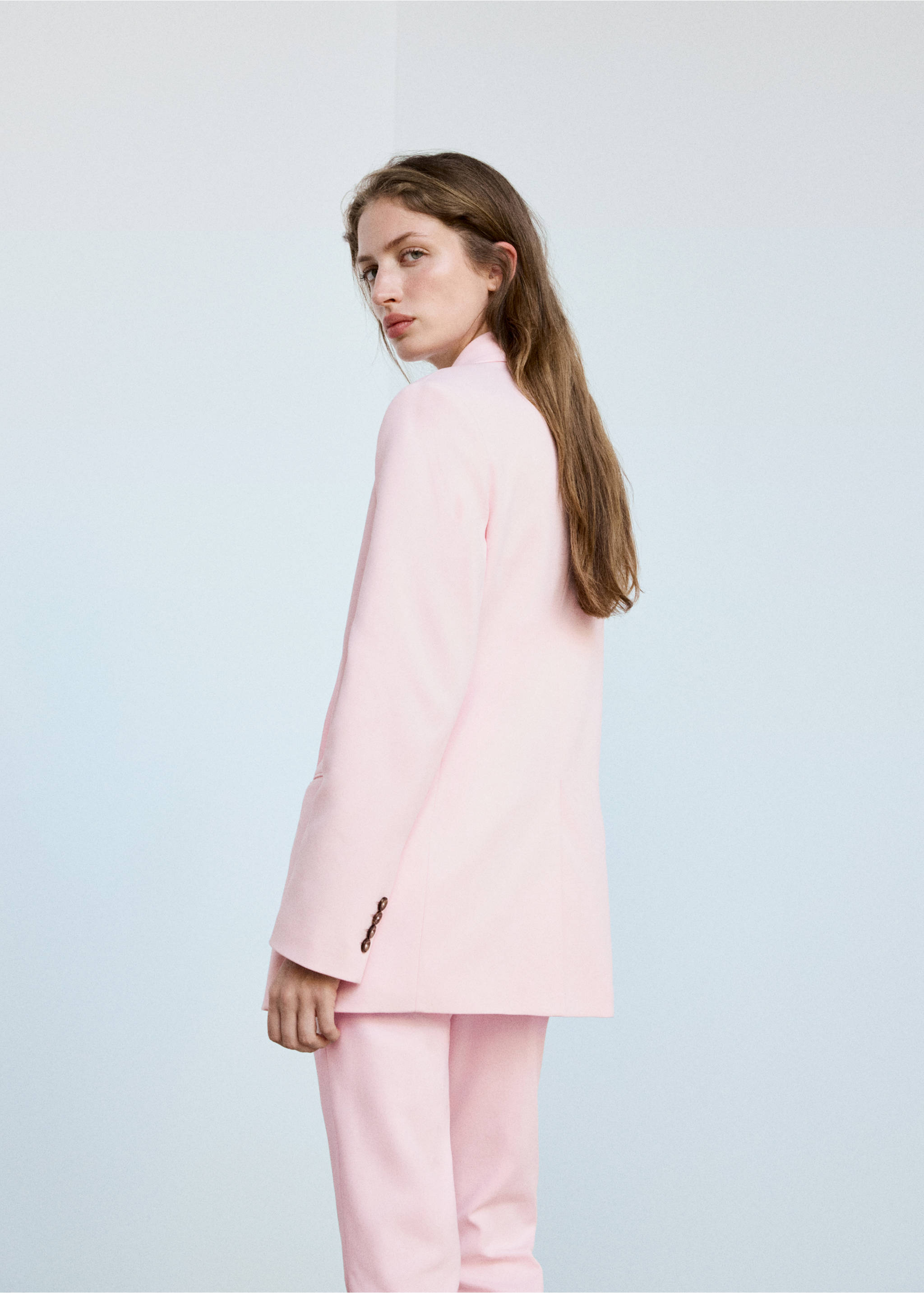 Double-breasted cotton blend suit blazer - Details of the article 1, Pastel Pink. Ref: 37054802-01.