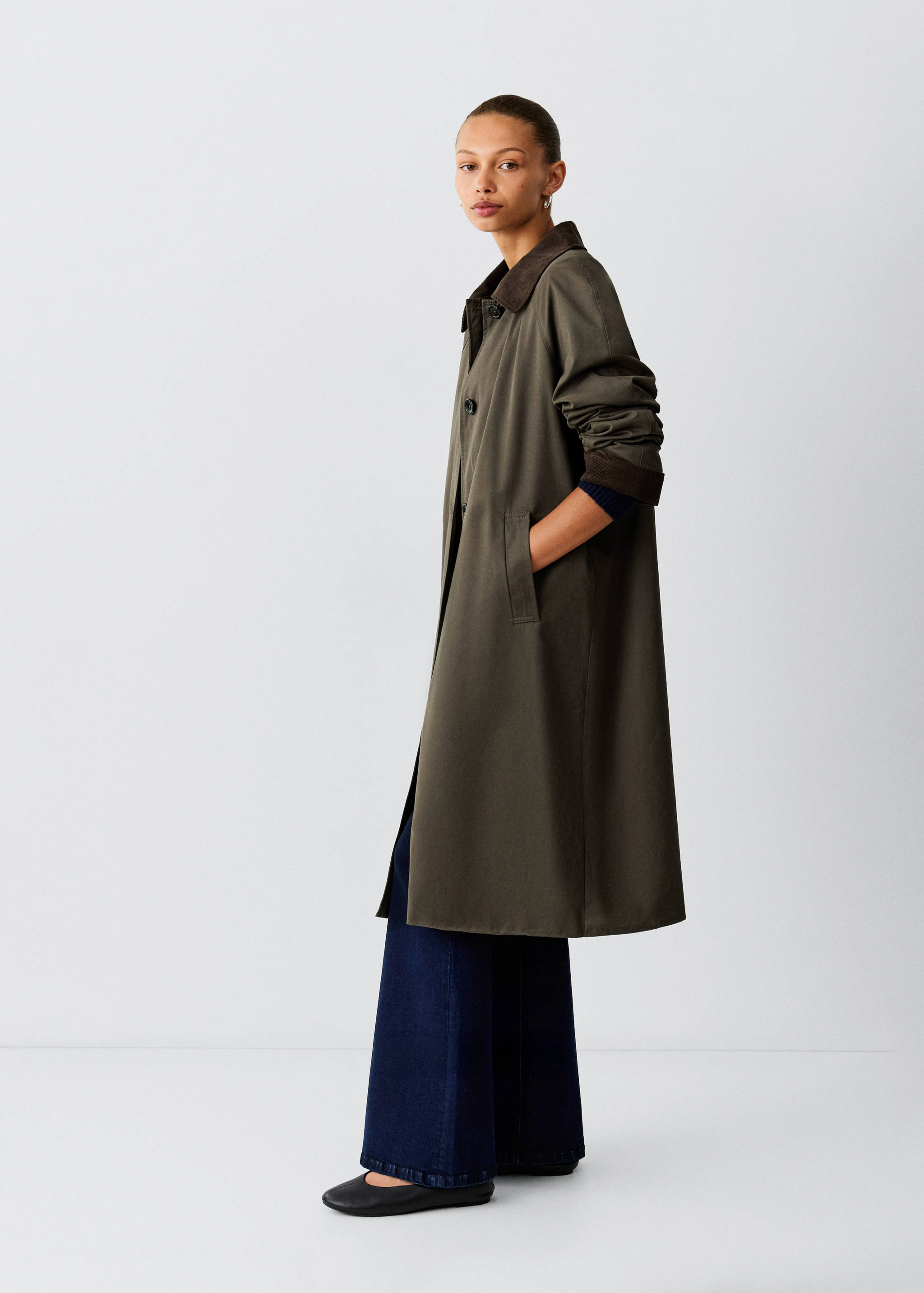 Long cotton trench coat with corduroy collar - Medium plane