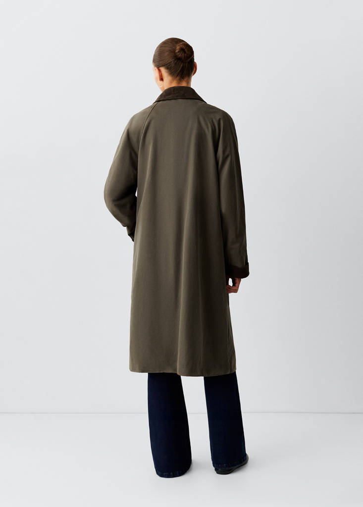 Long cotton trench coat with corduroy collar — Dark Green