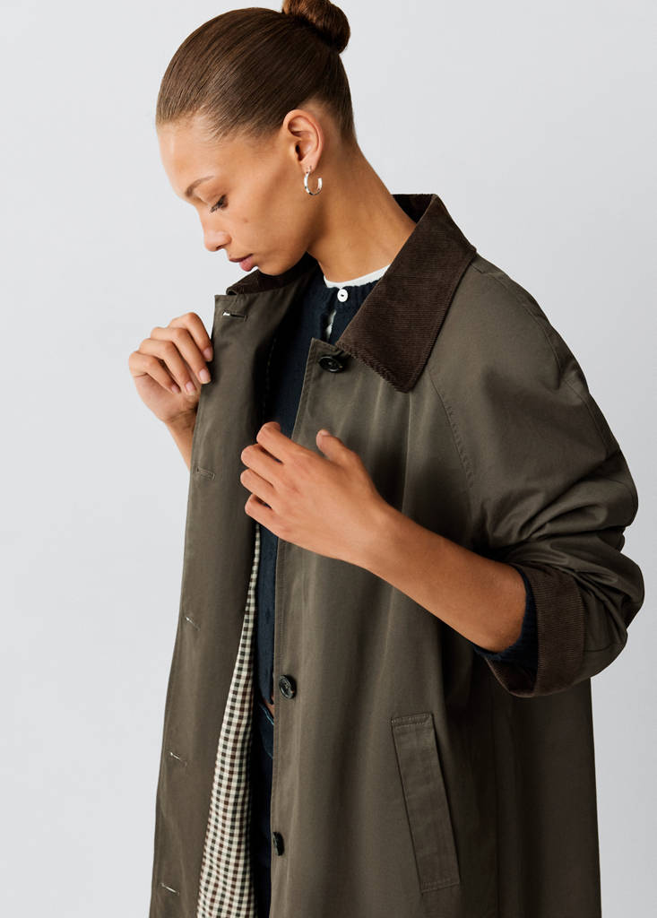 Long cotton trench coat with corduroy collar — Dark Green