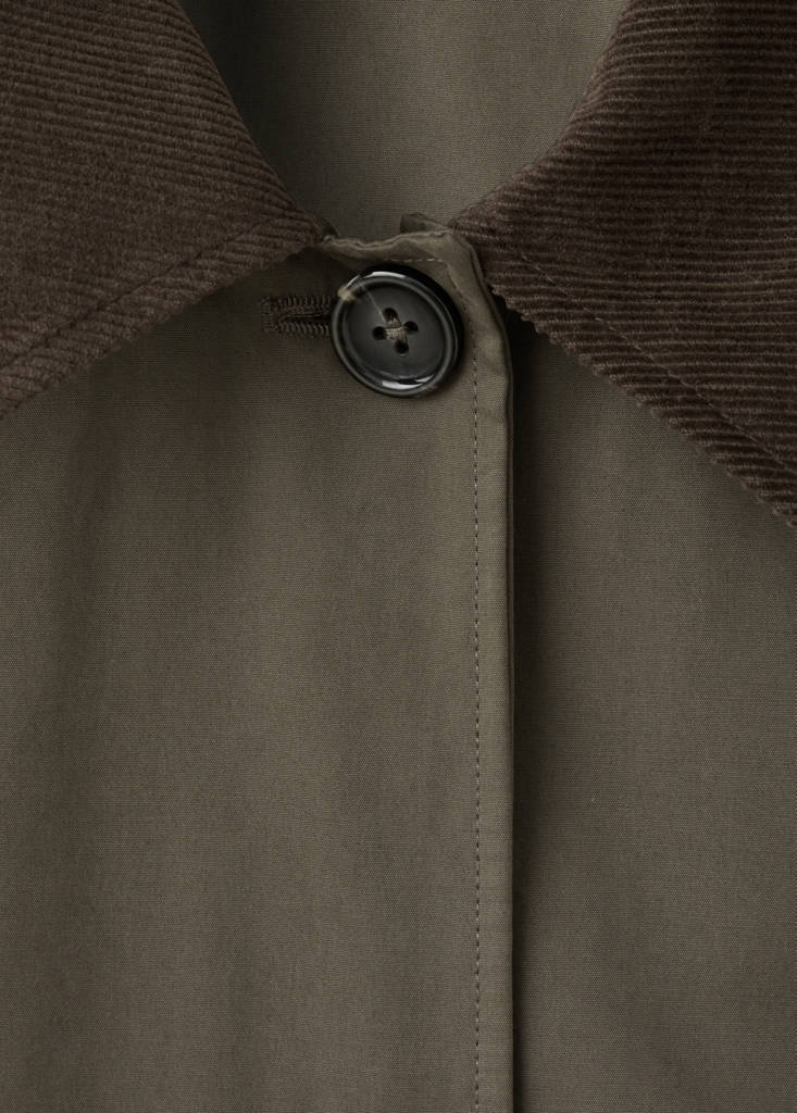 Long cotton trench coat with corduroy collar — Dark Green