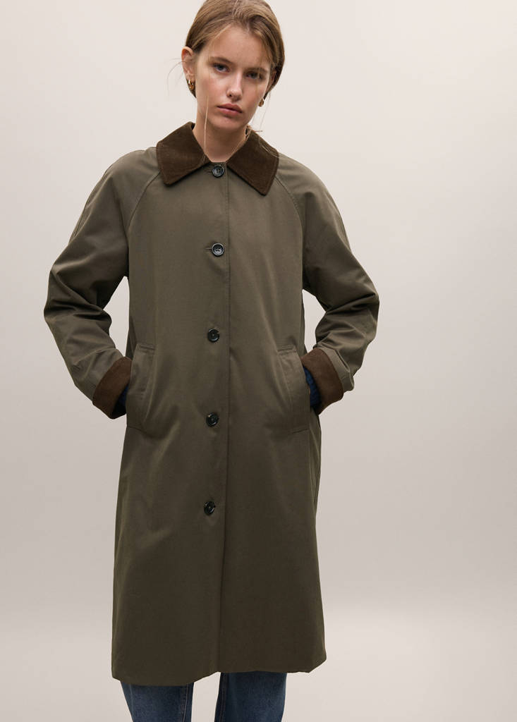 Long cotton trench coat with corduroy collar — Dark Green