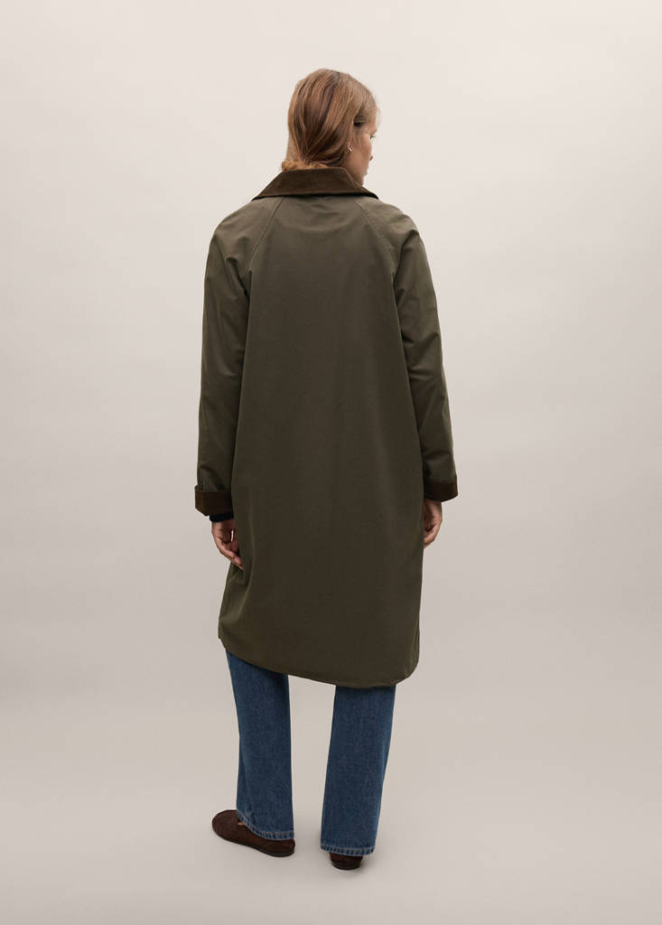 Long cotton trench coat with corduroy collar — Dark Green