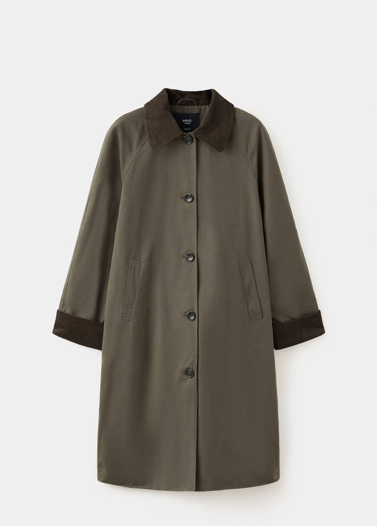 Long cotton trench coat with corduroy collar — Dark Green