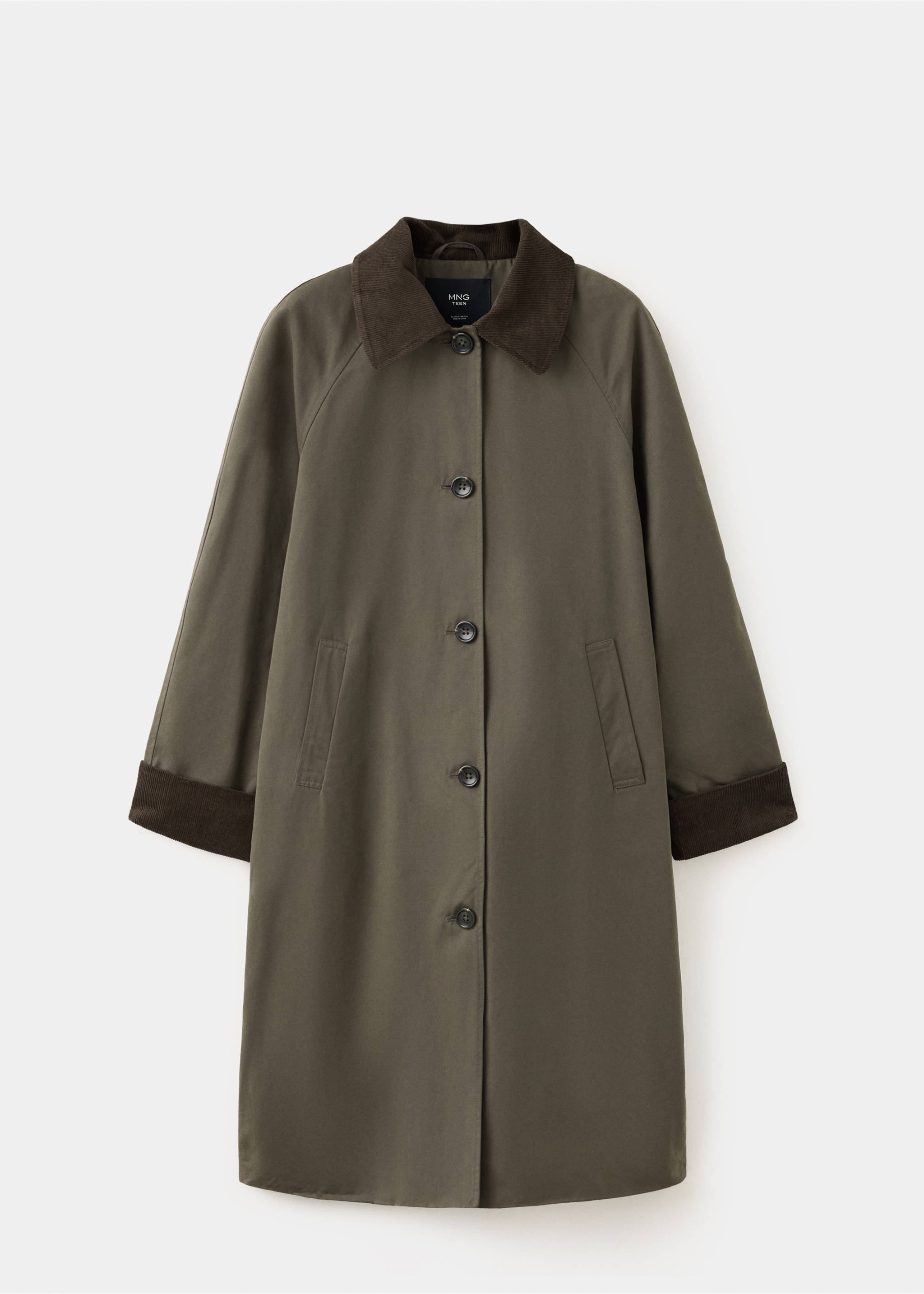 Lång trenchcoat i bomull med krage i manchester - Artikel utan modell, Mörkgrön. Ref: 37055151-00.