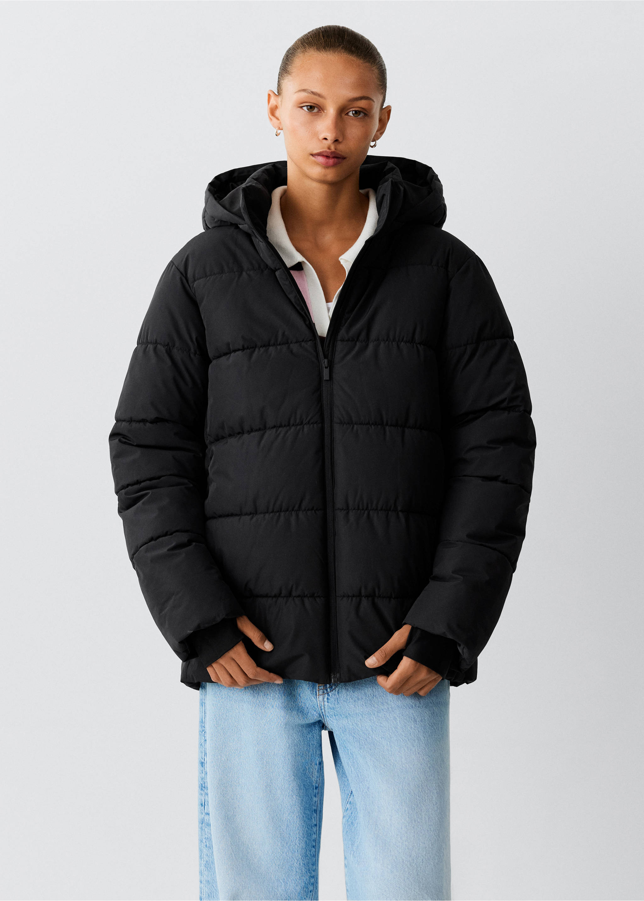 Hood puffer coat - Medium plane, Black. Ref: 37055166-00.