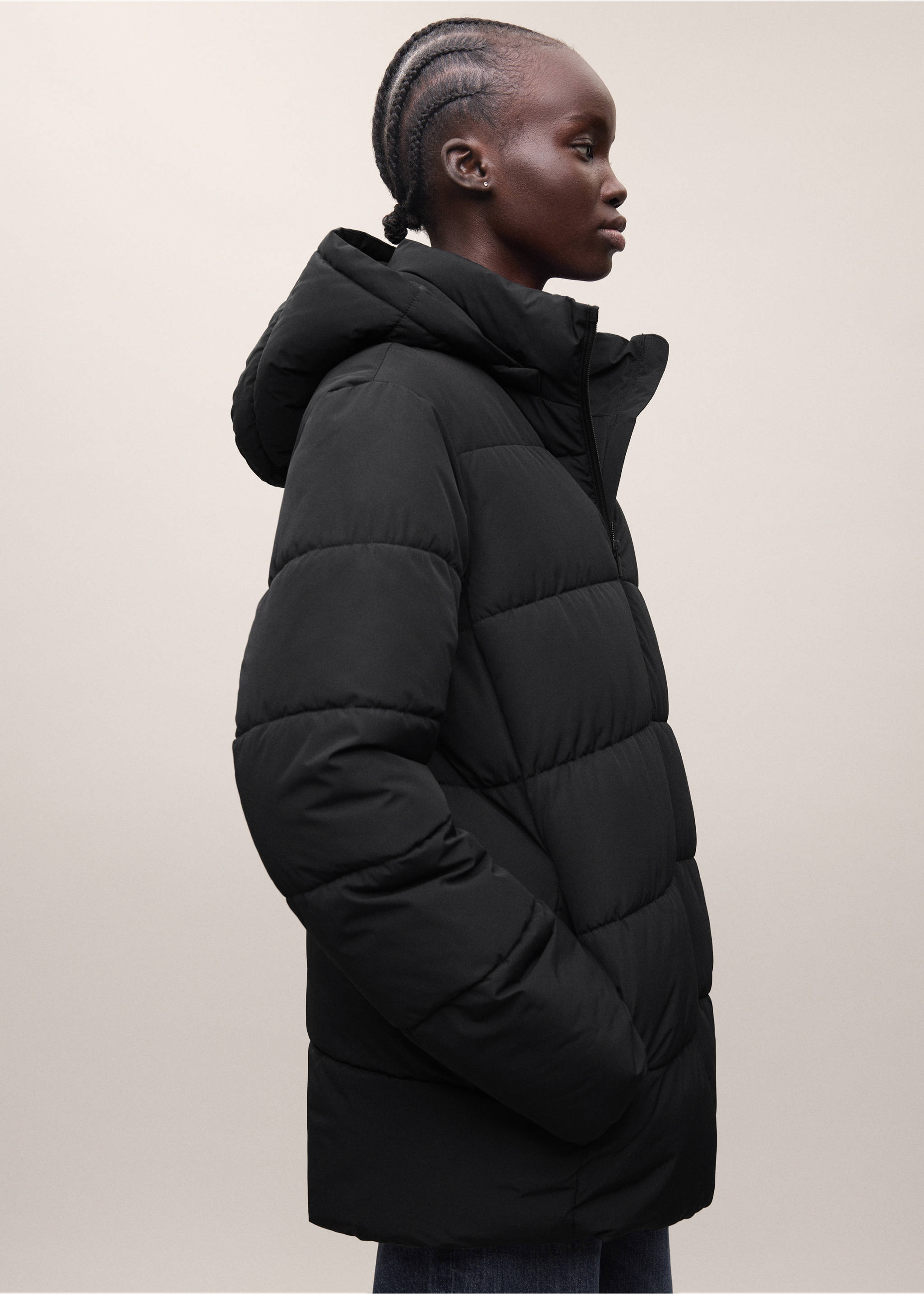 Black padded anorak with horizontal quilting, high collar, and hood., Black. Ref: 37055166-01.
