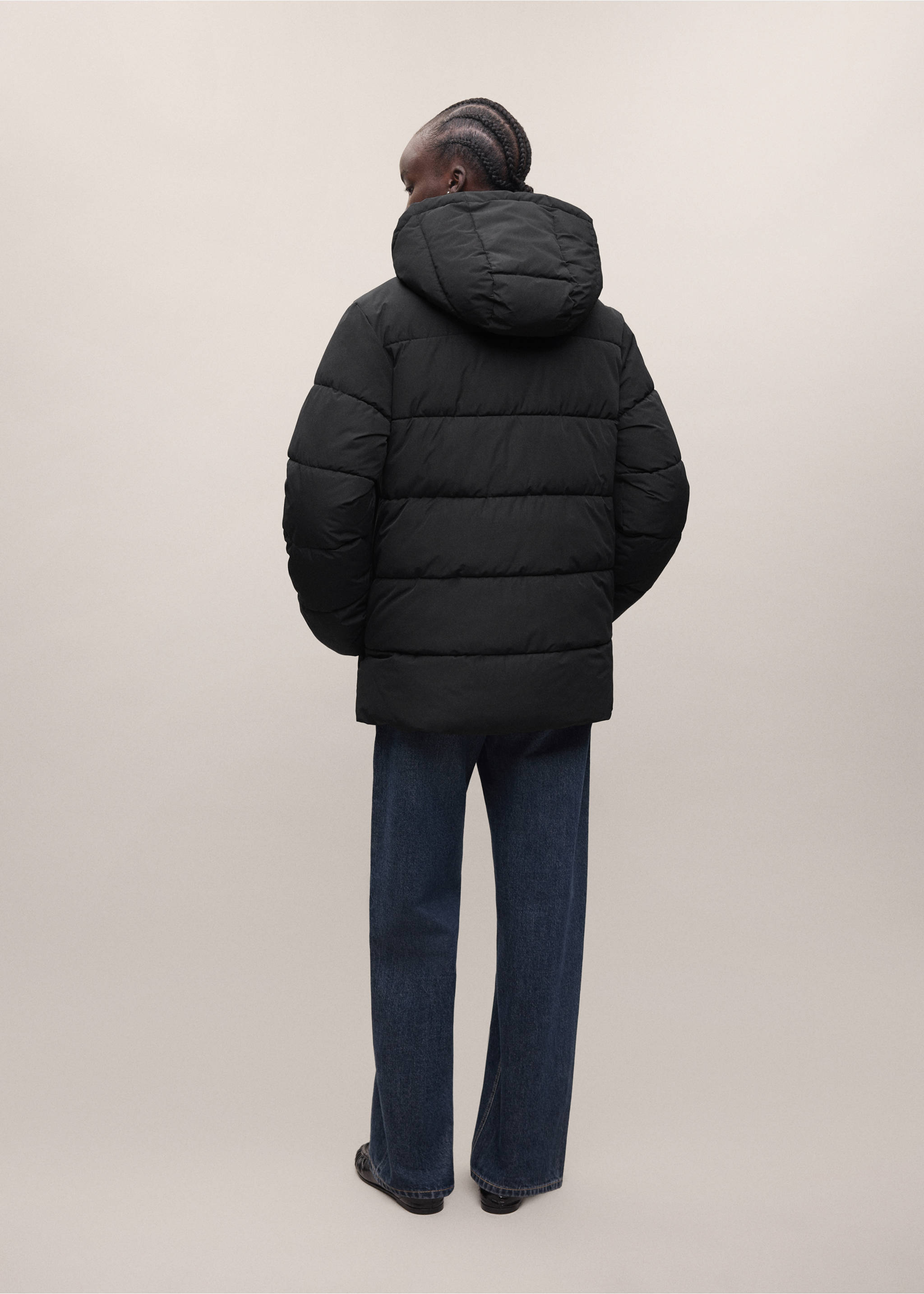 Back view of a black quilted anorak with a hood., Black. Ref: 37055166-01.