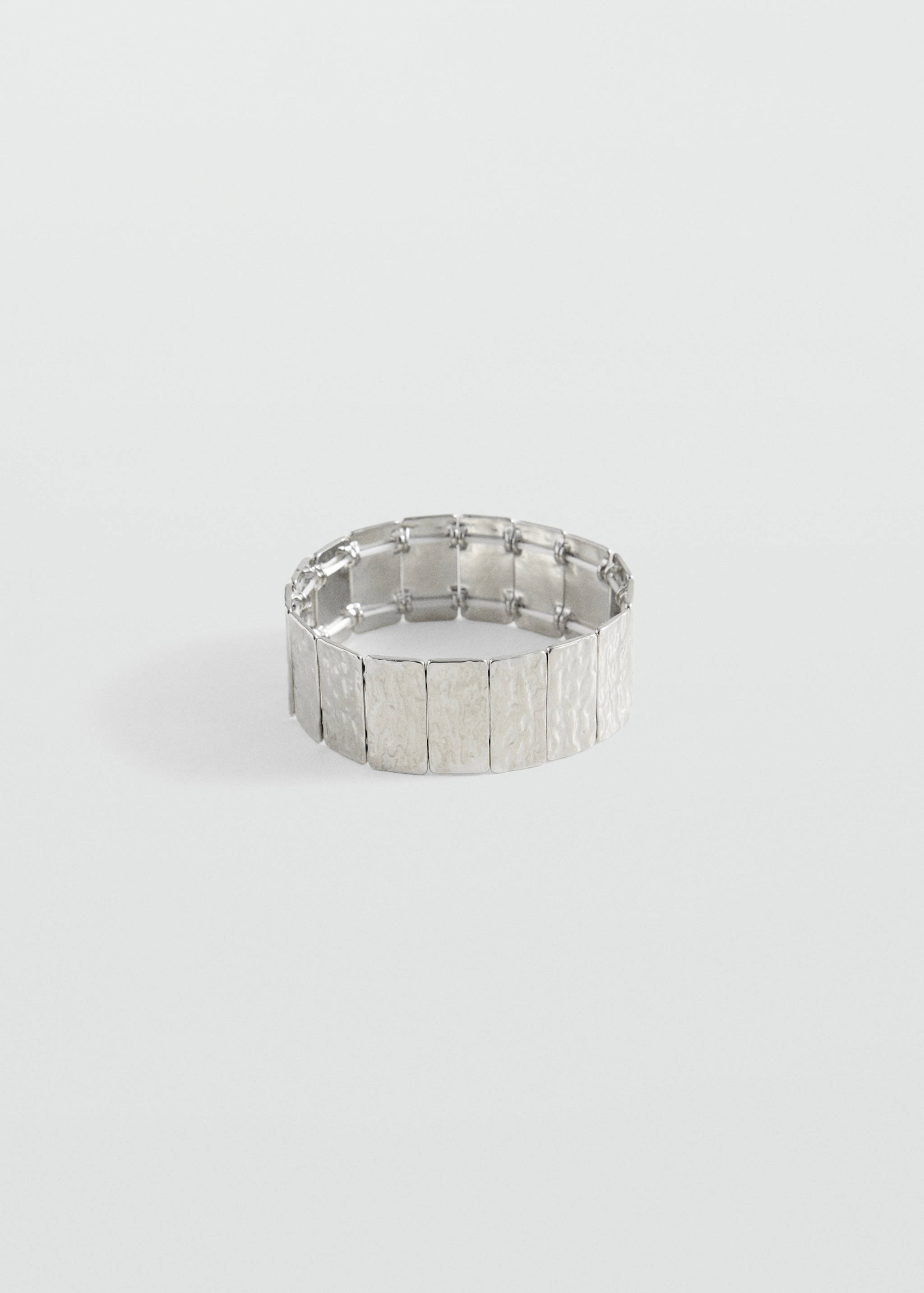 Silver-toned metal bracelet made of textured rectangular links.
