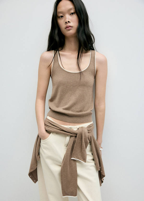 Contrast trim knitted top — Medium Brown