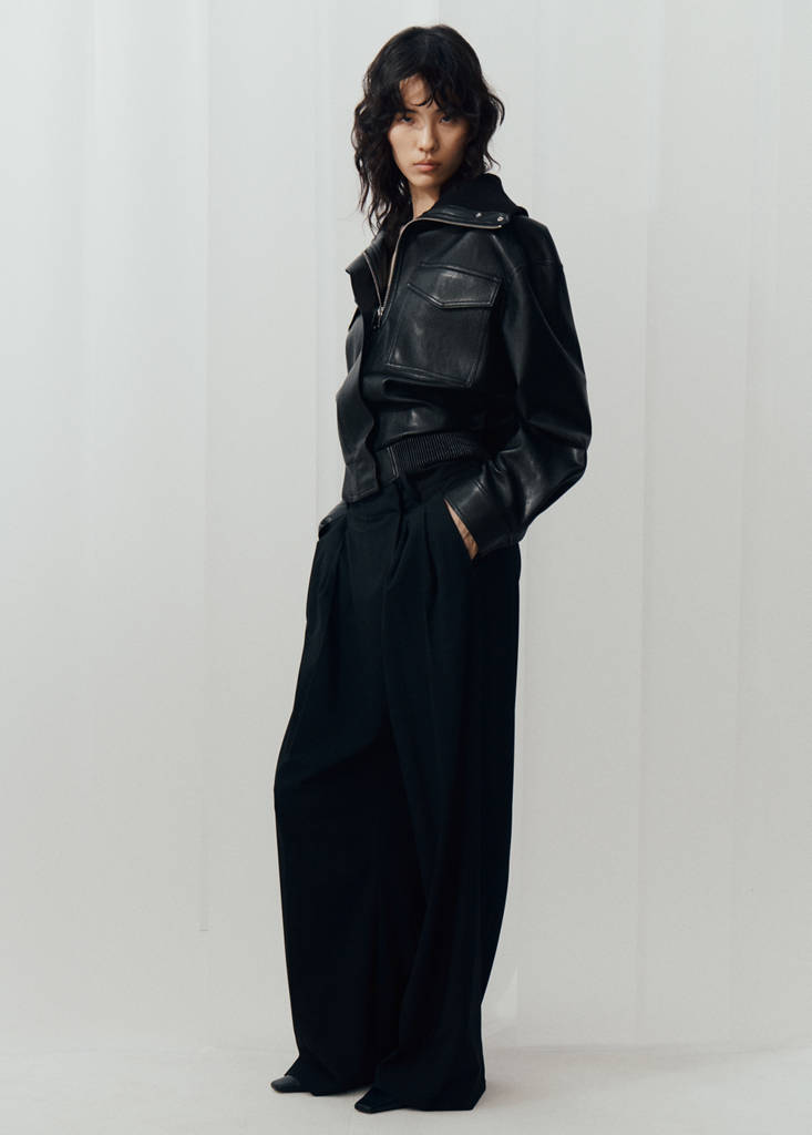 Faux leather jacket with ribbed collar — Black